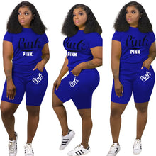 Load image into Gallery viewer, Sports Style Two Piece Women's Clothing Fashion Round Neck Short Sleeve Personalized Pocket Letter Printing Loose Casual Suit