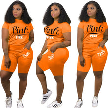 Load image into Gallery viewer, Sports Style Two Piece Women's Clothing Fashion Round Neck Short Sleeve Personalized Pocket Letter Printing Loose Casual Suit