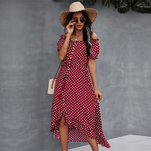 Load image into Gallery viewer, Spring 2021 New Ladies Dot Polka Print Dress Women Tassel Button Off The Shoulder Dress For Woman Sexy Slash Neck Summer Dress
