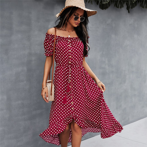Spring 2021 New Ladies Dot Polka Print Dress Women Tassel Button Off The Shoulder Dress For Woman Sexy Slash Neck Summer Dress