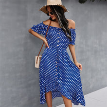 Load image into Gallery viewer, Spring 2021 New Ladies Dot Polka Print Dress Women Tassel Button Off The Shoulder Dress For Woman Sexy Slash Neck Summer Dress