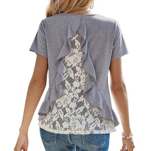 Load image into Gallery viewer, Spring 2021 New Women T-shirt Summer Tops Fashion Sexy Hollow Out Lace Ruffles Back Design O Neck Casual Loose Female Tees Grey