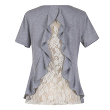 Load image into Gallery viewer, Spring 2021 New Women T-shirt Summer Tops Fashion Sexy Hollow Out Lace Ruffles Back Design O Neck Casual Loose Female Tees Grey