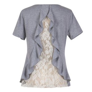 Spring 2021 New Women T-shirt Summer Tops Fashion Sexy Hollow Out Lace Ruffles Back Design O Neck Casual Loose Female Tees Grey