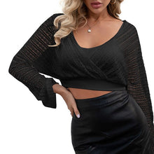 Load image into Gallery viewer, Spring 2021 Women T Shirt Sexy Sheer Mesh Lace V Neck Design Long Flare Sleeve Nightclub Party Clothing Slim Ladies Black/White