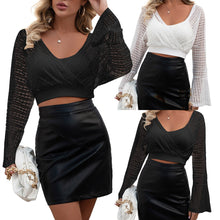 Load image into Gallery viewer, Spring 2021 Women T Shirt Sexy Sheer Mesh Lace V Neck Design Long Flare Sleeve Nightclub Party Clothing Slim Ladies Black/White