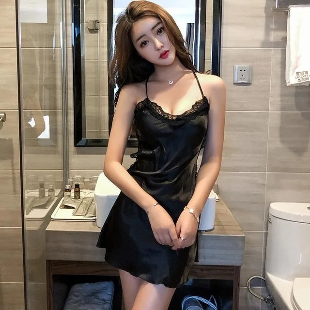 Spring And Autumn New  Sexy Pajamas Women's Summer Ice Silk Thin Lace Slings Babydoll Nightdress Homewear Women