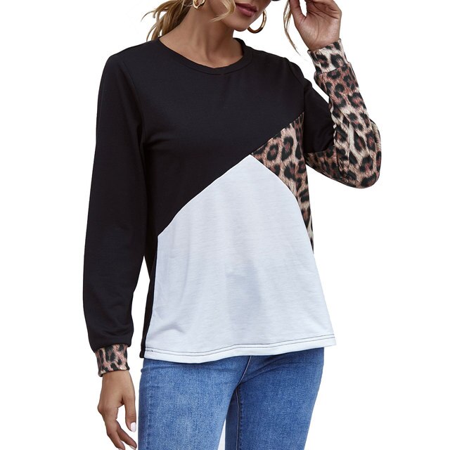 Spring Autum 2021 Women T-shirt Long Sleeve Fashion New Leopard Splicing O Neck Female Sweatshirt Casual Loose Mujer Tops