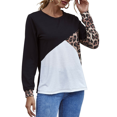 Spring Autum 2021 Women T-shirt Long Sleeve Fashion New Leopard Splicing O Neck Female Sweatshirt Casual Loose Mujer Tops
