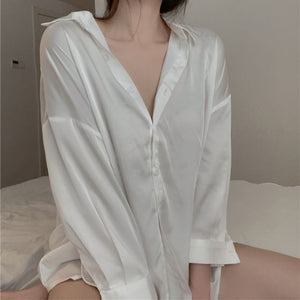Spring Autumn 2021 Women Clothing Satin White Shirt Vintage Blouse Female Casual Long Sleeve Shirt Tops