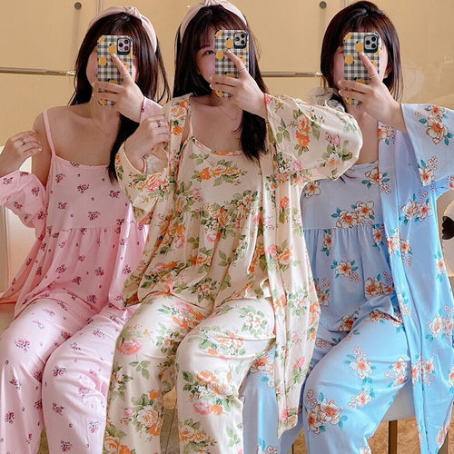 Spring Autumn 3PCS Sexy Long Sleeve Robes Pajama Sets for Women Floral Print Sleepwear Suit Pyjama Homewear Pijama Mujer Clothes