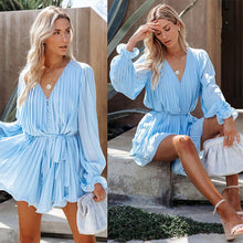 Load image into Gallery viewer, Spring Autumn Fashion Long Sleeve Party Dress Casual Solid Color Lace-Up Women Chiffon Dress Sexy Deep V-Neck Pleated Mini Dress
