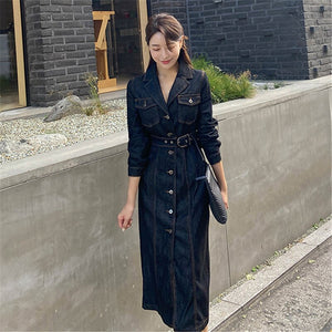 Spring Autumn New Korean Style Temperament Slim Notched Collar Single Breasted Long Sleeve Denim Dress Women's Casual Clothing