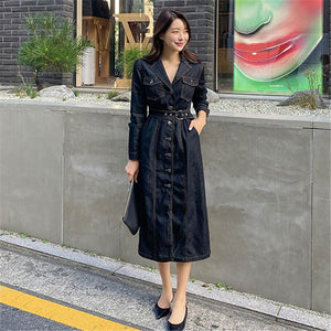 Spring Autumn New Korean Style Temperament Slim Notched Collar Single Breasted Long Sleeve Denim Dress Women's Casual Clothing