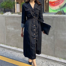 Load image into Gallery viewer, Spring Autumn New Korean Style Temperament Slim Notched Collar Single Breasted Long Sleeve Denim Dress Women&#39;s Casual Clothing