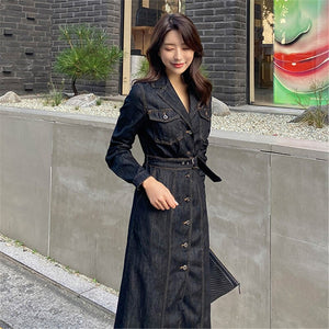 Spring Autumn New Korean Style Temperament Slim Notched Collar Single Breasted Long Sleeve Denim Dress Women's Casual Clothing