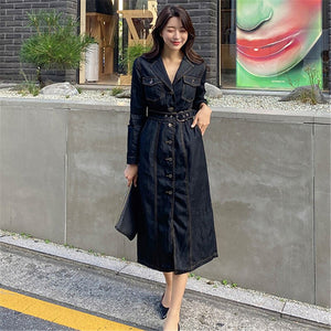 Spring Autumn New Korean Style Temperament Slim Notched Collar Single Breasted Long Sleeve Denim Dress Women's Casual Clothing