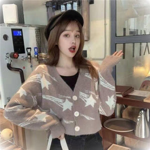 Spring Autumn Retro Flower Start Sweater For Women Jacket Sweet Casual All-match Blouse Ladies Cardigan Stitching Loose Sweater