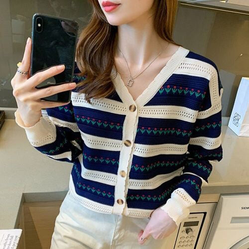 Spring Autumn Retro Flower Start Sweater For Women Jacket Sweet Casual All-match Blouse Ladies Cardigan Stitching Loose Sweater