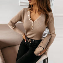 Load image into Gallery viewer, Spring Autumn Slim Bottomed Long Sleeve Women Shirt Sexy Deep V Neck sweater Button T Shirts Elegant Casual Solid knitting Tops