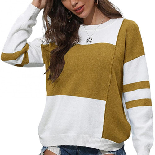 Spring Autumn Tops Women's Sweater Contrast Color Stitching Round Neck Pullover Sweaters O-Neck Loose Striped Knitted Sweater