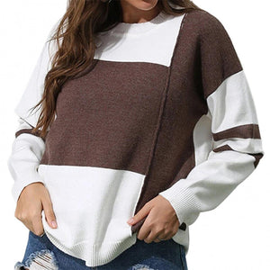 Spring Autumn Tops Women's Sweater Contrast Color Stitching Round Neck Pullover Sweaters O-Neck Loose Striped Knitted Sweater