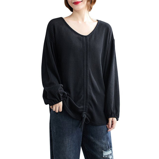 Spring Autumn Women Knitted Pullover Drawstring V-Neck Lantern Sleeve Shirts Loose Fit wear Casual Solid Female Sweater Tops
