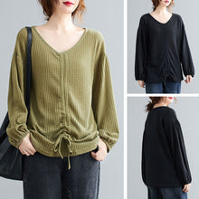 Load image into Gallery viewer, Spring Autumn Women Knitted Pullover Drawstring V-Neck Lantern Sleeve Shirts Loose Fit wear Casual Solid Female Sweater Tops