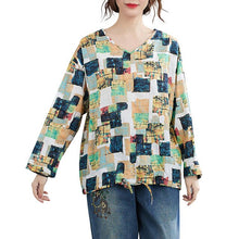 Load image into Gallery viewer, Spring Autumn Women Loose Blouse Pullover Floral Print Shirts V-Neck Long Sleeve Drawstring Hem Vintage Shirt Casual Mujer Tops