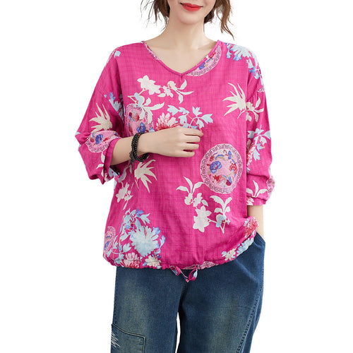 Spring Autumn Women Loose Blouse Pullover Floral Print Shirts V-Neck Long Sleeve Drawstring Hem Vintage Shirt Casual Mujer Tops