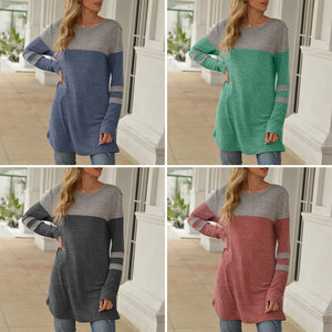 Spring Autumn  Women T-Shirts New Fashion Splicing O-Neck Long Sleeves Soft Tees Loose Fit Casual ChicTops Femme Sweatshirt