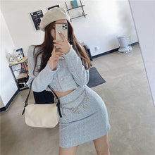 Load image into Gallery viewer, Spring Autumn Women&#39;s 2-Piece Sets Short Lapel Tweed Jacket + High Waist Bag Hip Skirt Female Ins Suit