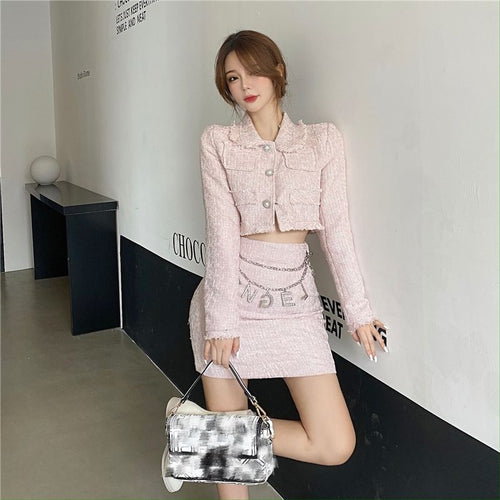 Spring Autumn Women's 2-Piece Sets Short Lapel Tweed Jacket + High Waist Bag Hip Skirt Female Ins Suit