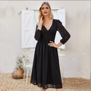 Spring Autumn Women's Semi-transparent Long Sleeves Solid Dress Knee-Length A-Line Design for Work