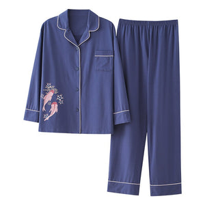 Spring Cardigan Sleepwear Women Fish Print Purple Pajamas Set Cotton Long Sleeve Home Clothes Loose Large Size Women Pijama XXXL