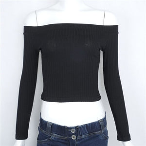 Spring European and American fashion slim body long sleeves show shoulder a word shoulder solid color T-shirt blouse woman