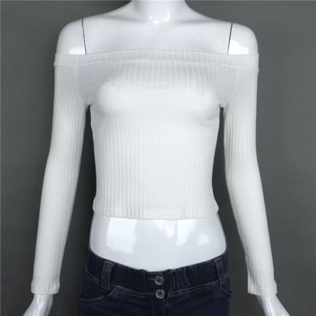 Spring European and American fashion slim body long sleeves show shoulder a word shoulder solid color T-shirt blouse woman