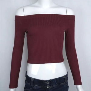 Spring European and American fashion slim body long sleeves show shoulder a word shoulder solid color T-shirt blouse woman