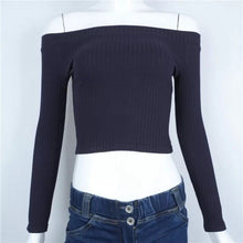 Load image into Gallery viewer, Spring European and American fashion slim body long sleeves show shoulder a word shoulder solid color T-shirt blouse woman