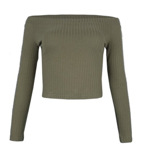 Spring European and American fashion slim body long sleeves show shoulder a word shoulder solid color T-shirt blouse woman