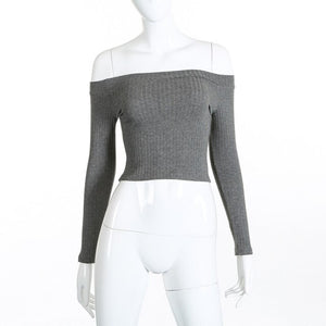 Spring European and American fashion slim body long sleeves show shoulder a word shoulder solid color T-shirt blouse woman