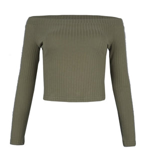 Spring European and American fashion slim body long sleeves show shoulder a word shoulder solid color T-shirt blouse woman