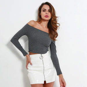 Spring European and American fashion slim body long sleeves show shoulder a word shoulder solid color T-shirt blouse woman