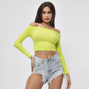 Spring European and American fashion slim body long sleeves show shoulder a word shoulder solid color T-shirt blouse woman