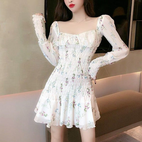 Spring Floral Dress Women Elegant Kawaii Print Chiffon Party Mini Dress Female Sexy French Casual Bandage Korean Dress 2021 New