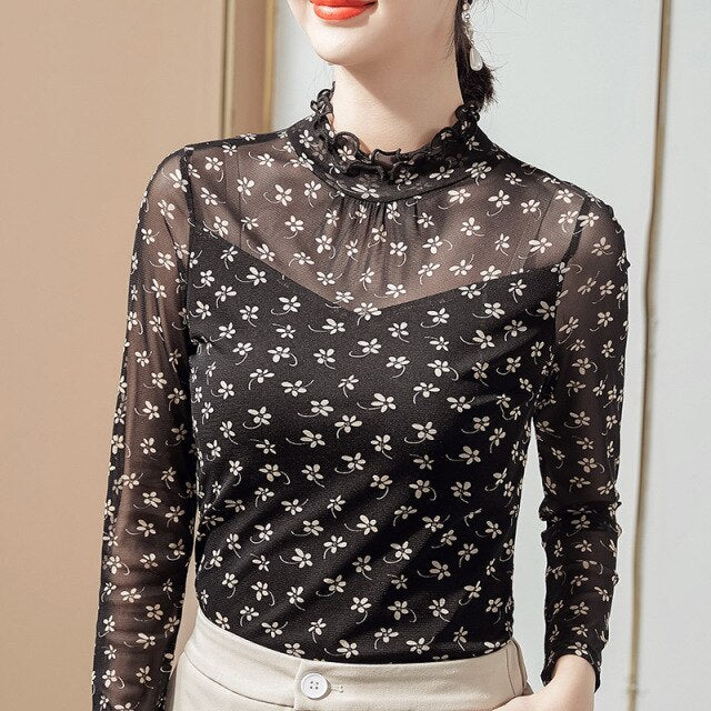 Spring Floral Long-sleeved Bottoming Shirt 2021 New Ladies Tops Fashion Casual Ruffles Shirt Plus Size Women T-Shirt