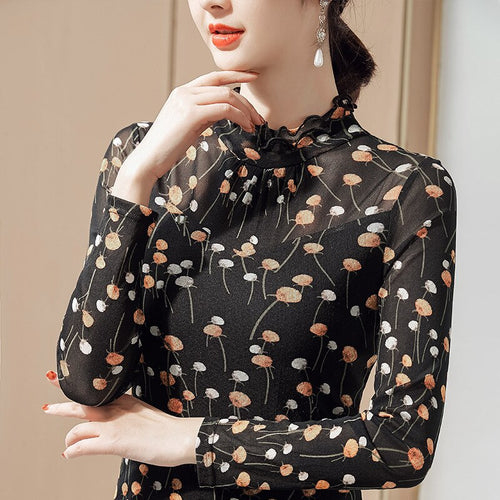 Spring Floral Long-sleeved Bottoming Shirt 2021 New Ladies Tops Fashion Casual Ruffles Shirt Plus Size Women T-Shirt