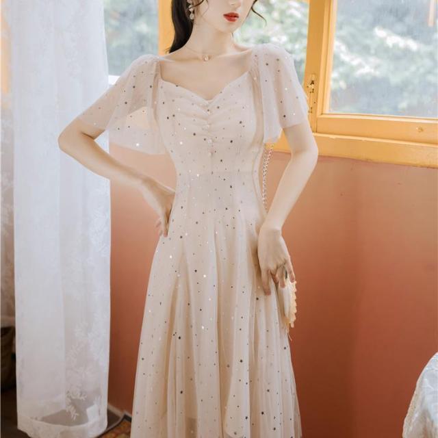 Spring French Fairy Dress Women Elegant Patchwork Sequin Party Dress Female V-neck Sweet Kawaii Korean Dress Women 2021 New