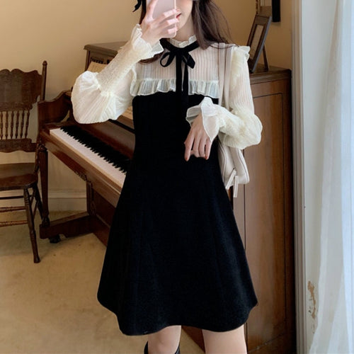 Spring Kawaii Dress Women Elegant Bandage Patchwork Mini Dress Female Casual Japanese Style Streetwear Korean Dress Women 2021