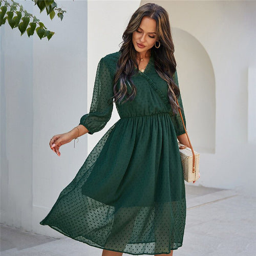 Spring New Chiffon Dress Women Casual Solid Color  V Neck Three Quarter Sleeve High Waist Dress For Women 2021 Summer Dress